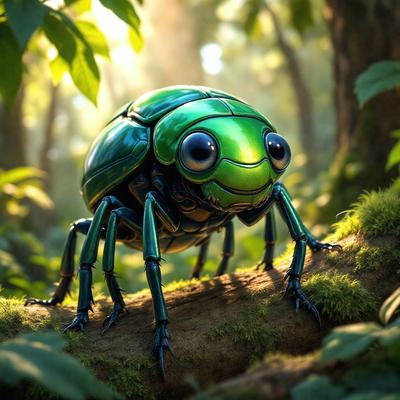 The primary subject of the image is a green and black insect, possibly a grasshopper or a beetle, sitting on a tree branch. The setting is a forest with trees and greenery surrounding the insect. The visual style of the image is a digital art or illustration, giving it a vibrant and detailed appearance. The colors and mood of the image are lively and natural, with the green and black insect being the focal point of the scene.